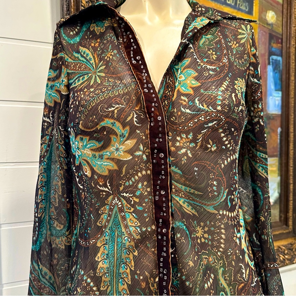Roma Sandro Ferrone brown blouse flair long sleeve collared shirt